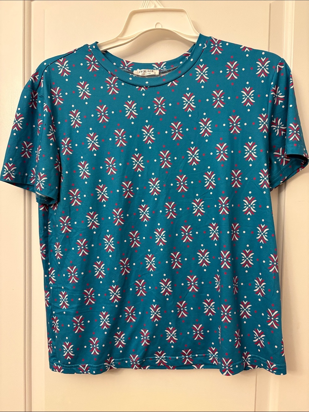 Blue Patterned Short Sleeve Crew Neck Tee - Ladies